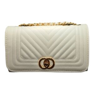White Chevron Quilted Handbag Gold Tone Hardware